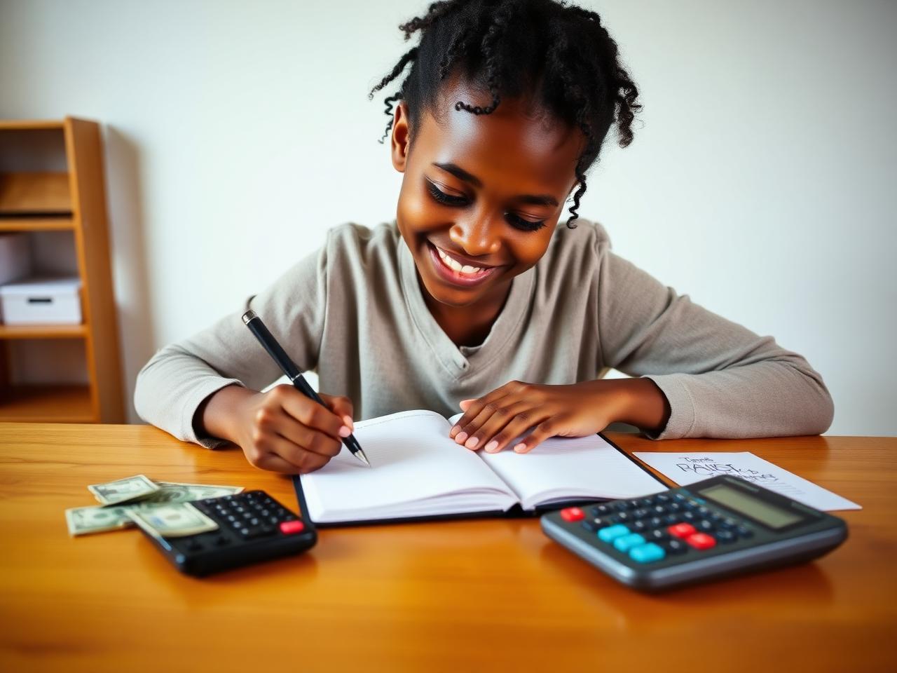 Teen budgeting with a notebook